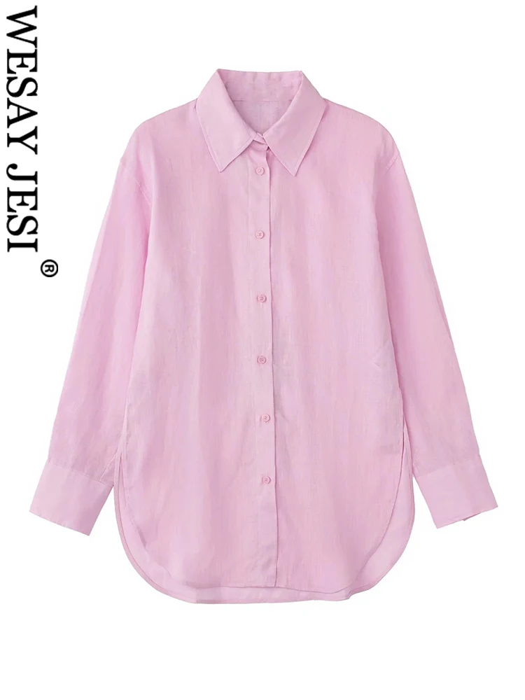 

WESAY JESI Commuter Solid Pink Shirt Casual Single-breasted Cuff Buttons Lapel Long Sleeve Back Elastic Pleated Blouse Clothes