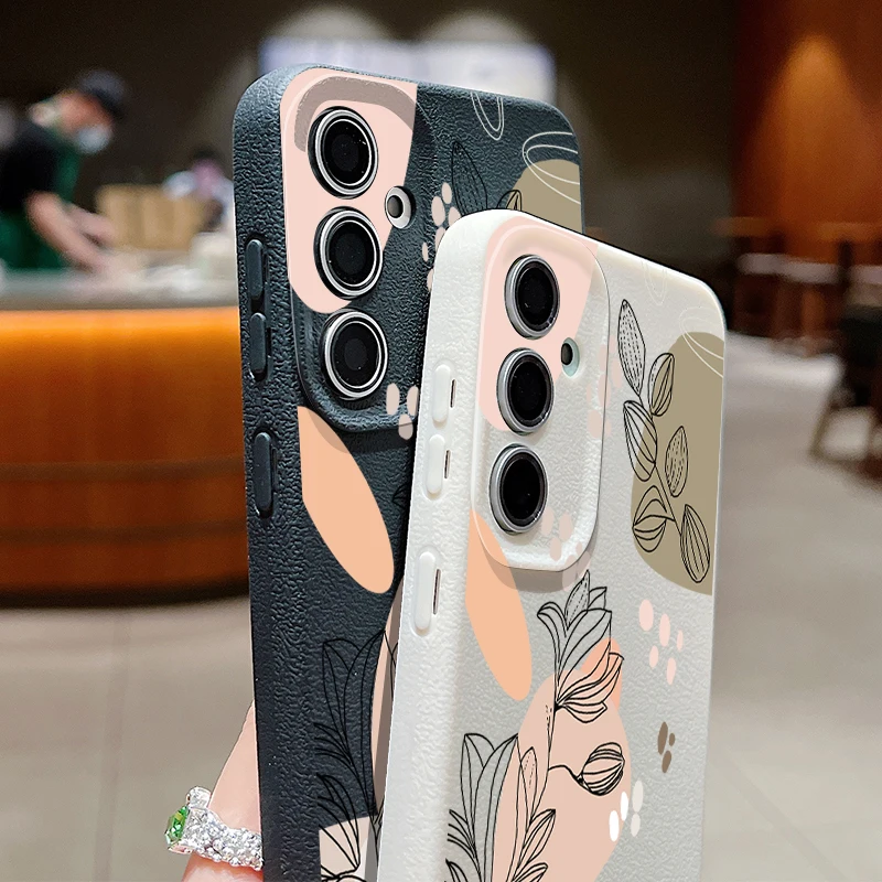 Чехол Line Flower для Samsung Galaxy S24 S23 Ultra S22 S21 S20 FE A14 A15 A16 A25 A34 A35 A52 A53 A54 A55 5G Capa Leather Texture