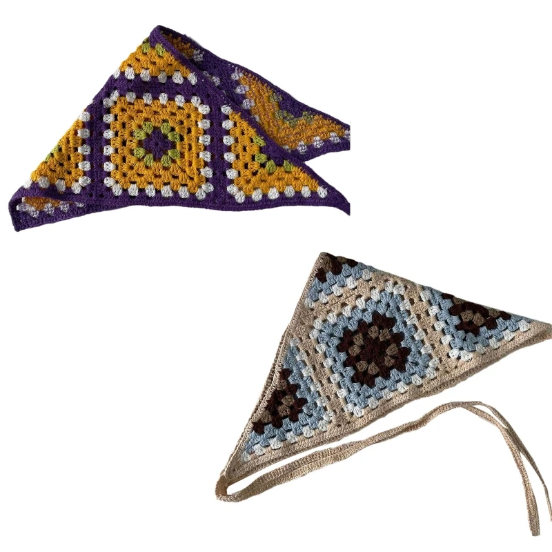 

Color Matching Pattern Hair Kerchief Cute Crochet Bandana Tie Back Head Wrap