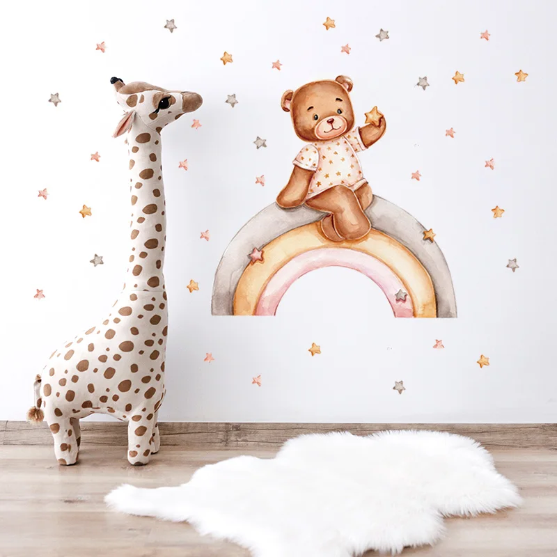 Мультяшная девушка медведь сидя на радужной фотообои PVC наклейки детская комната