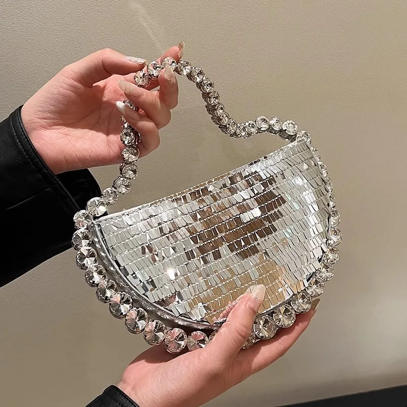 

Vintage Round Diamond Chain Shiny Evening Bags Women Handbags and Purses 2023 New Brand Designer Ladies Tote Bag High Quality