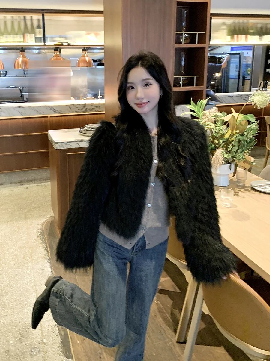 Imported Raccoon Spokes Fur Outerwear Women Short 2024 Winter New Coat Young Sle Slimming Black |