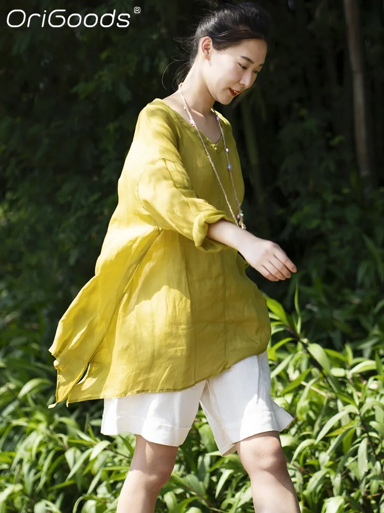 

OriGoods Summer 2022 Shirts For Women Ramie Solid Long Sleeve Asymmetrical Blouse Thin Loose Novelty Long Shirt Women Tops E025