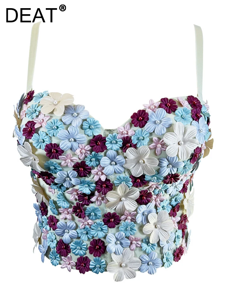 

DEAT Fashion Women Sling Irregular Adjustable Shoulder Strap 3D Flower Beading Metal Buckle Fishbone Bra Summer 2023 New 7AB294