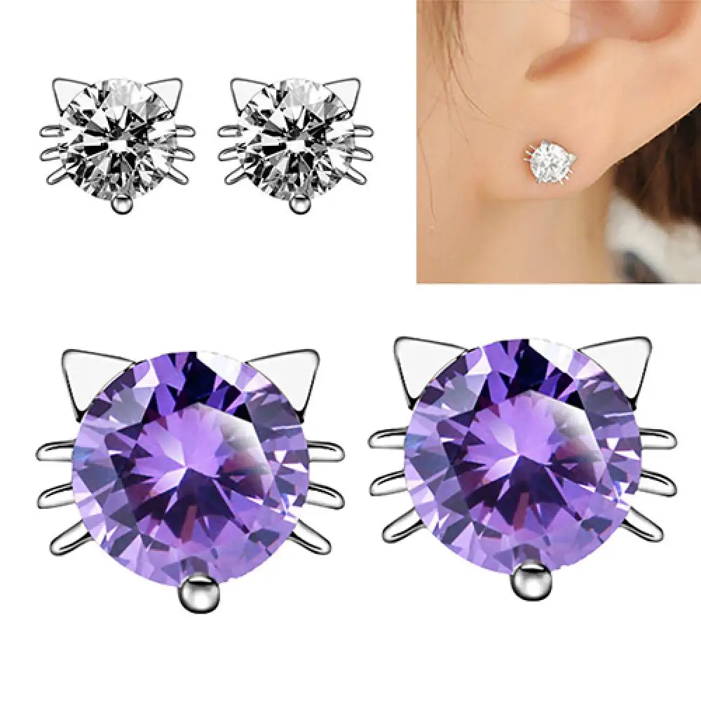 

Girl's Cute Shining Crystal Cat Ear Studs 925 Sterling- Silver Zircon Earrings Jewelry Fashion Accessories серьги женские 귀걸이