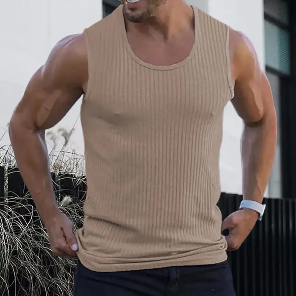 

O-neck Sleeveless Top Men Vest Slim Fit Ribbed Elastic Moisture Wicking Thin Summer Solid Color Fitness Knitting Top Sportwear