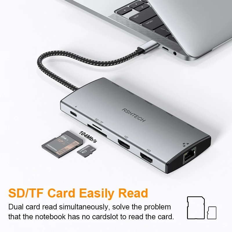 Док-станция-концентратор RSHTECH 11-IN-1 USB C с 8K 4K HDMI-совместимым устройством чтения карт USB 3.2 и 3.0 PD100W SDTF RJ45 для MacBook (art.: 3920cdb83fa31) - 3920cdb83fa31