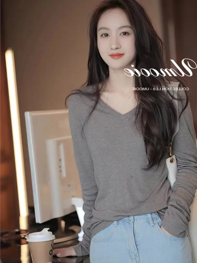 

Worsted T-shirt Ladies V-neck Slim Sweater Spring / Autumn Thin Section Thin Pullover Top Tight Fashion Knitted Bottoming Shirt
