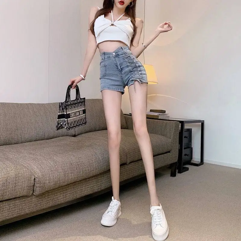 Girls Show Thin Denim Shorts Women 2023 Summer Autumn New Cross Bandage Design Sense High Waist A-line Women's Hot Pants