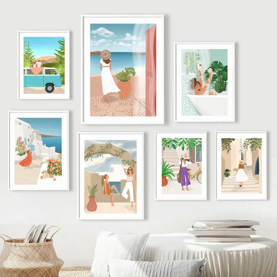 

Boho Seascape Dress Girl Green Plant Wall Art Canvas Painting Nordic Poster And Prints Wall Pictures For Living Room Home Decor