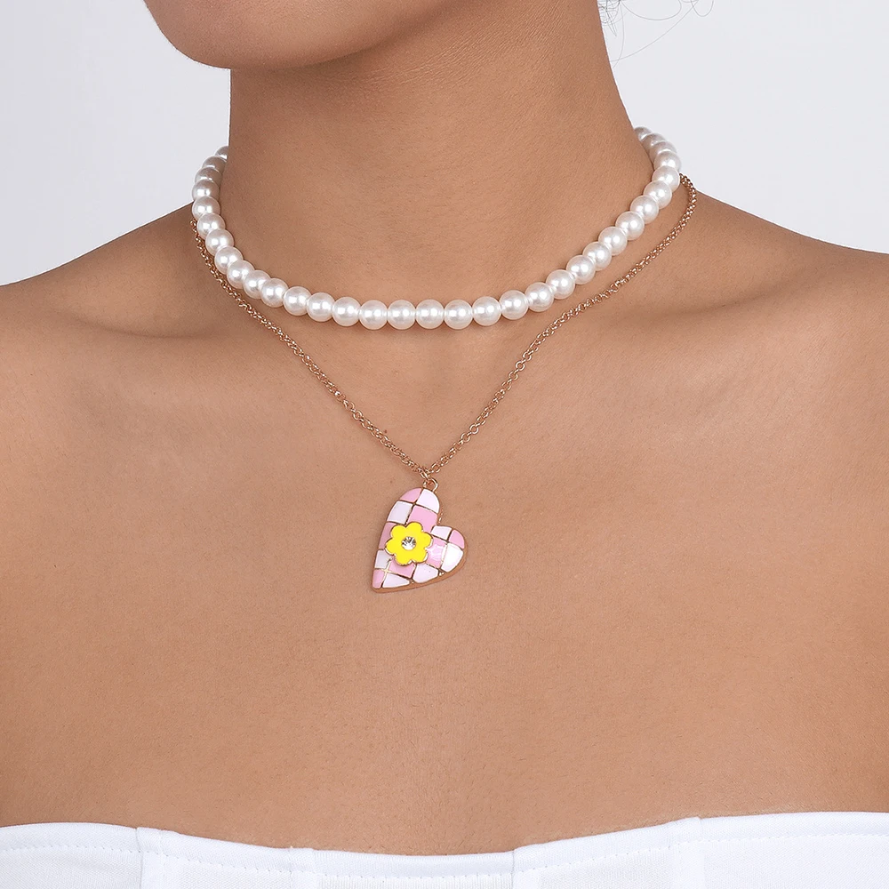 

Trendy Sweet Inlaid Flower Love Heart Pendant Necklace Double Layer Pearl Clavicle Chain Choker Necklace For Women Girls Jewelry