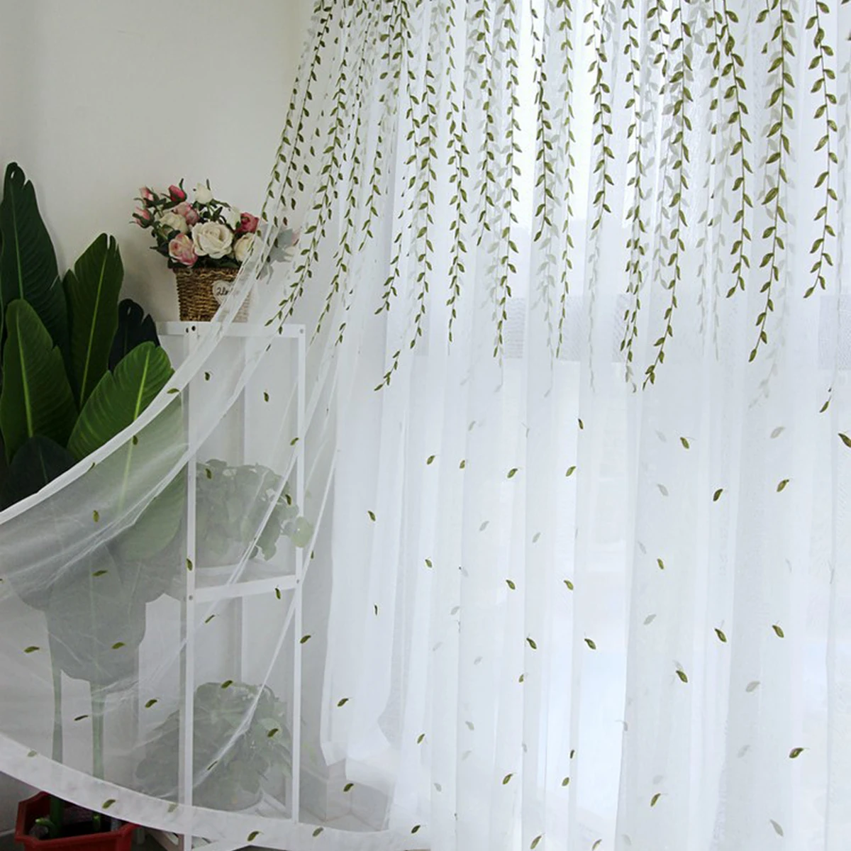 

Прозрачная тюлевая занавеска ELKCA с вышивкой зелеными листьями для гостиной