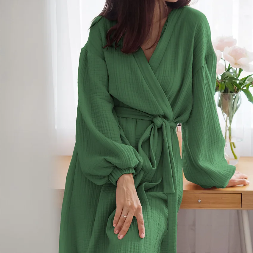 BKQU Solid Color Sleepwear Women's Pajams Puff Sleeves Bathrobe Female Nightwear Cotton Robes Home Wear Autumn Loungewear 2023