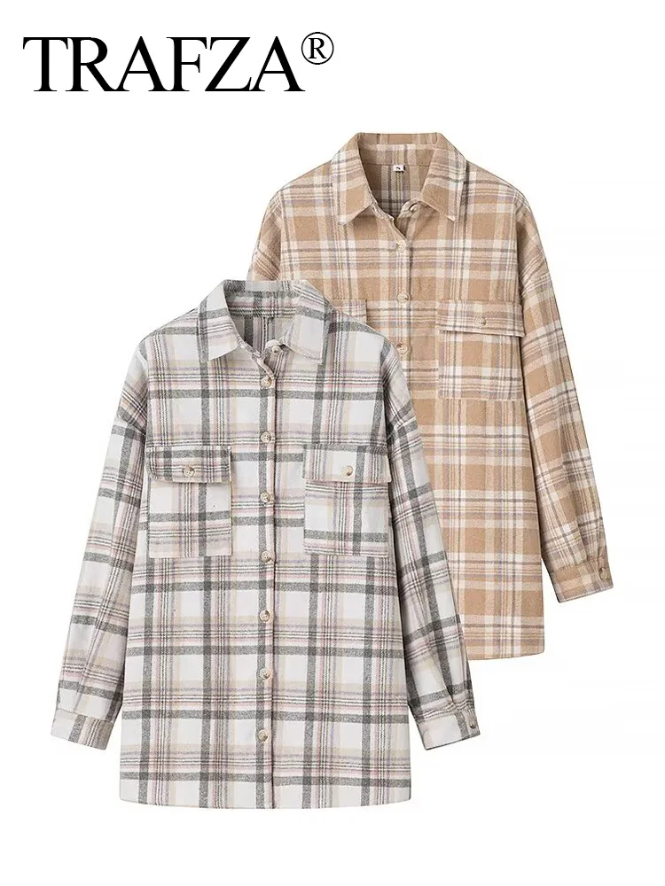 TRAFZA осенние женские свободные рубашки с карманами и отложным воротником