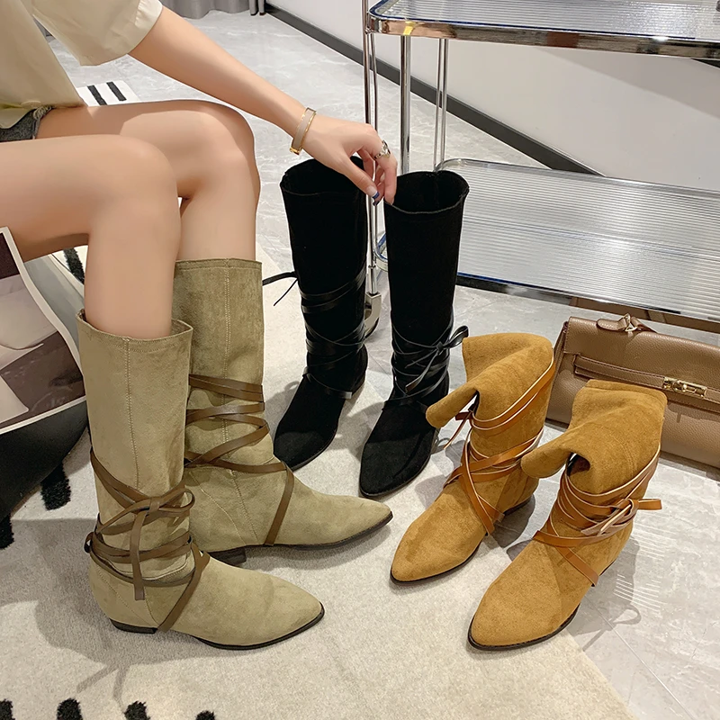 

Knee-High Fashion Boots Spring Autumn New Ladies Pointed Toe Lace Up Low Heel Suede High Tube Shoes For Women 2022 Cowboy Boots