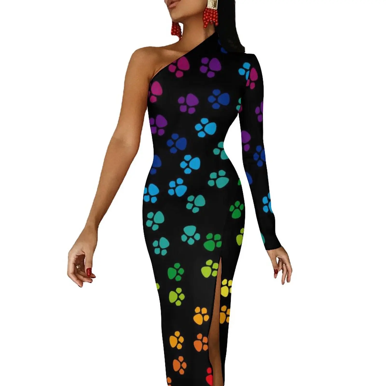 

Dog Pow Print Long Dress Female Rainbow Puppy Aesthetic Maxi Dress Autumn Elegant Bodycon Dresses Side Split Graphic Vestido