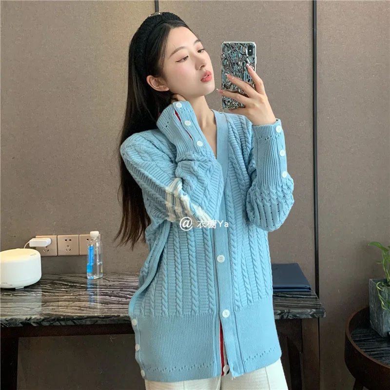 High Quality TB Korean Style Knitted Cardigan New Female Niche Design Twist Warm Loose All-match Sweater Jacket