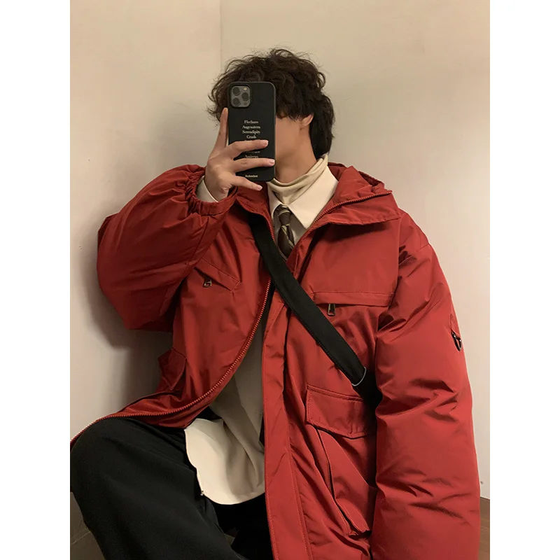 Winter Jacket Men Warm Fashion Black Red Retro Pocket Hooded Jacket Men Streetwear Korean Loose Thick Short Coat Mens Parker