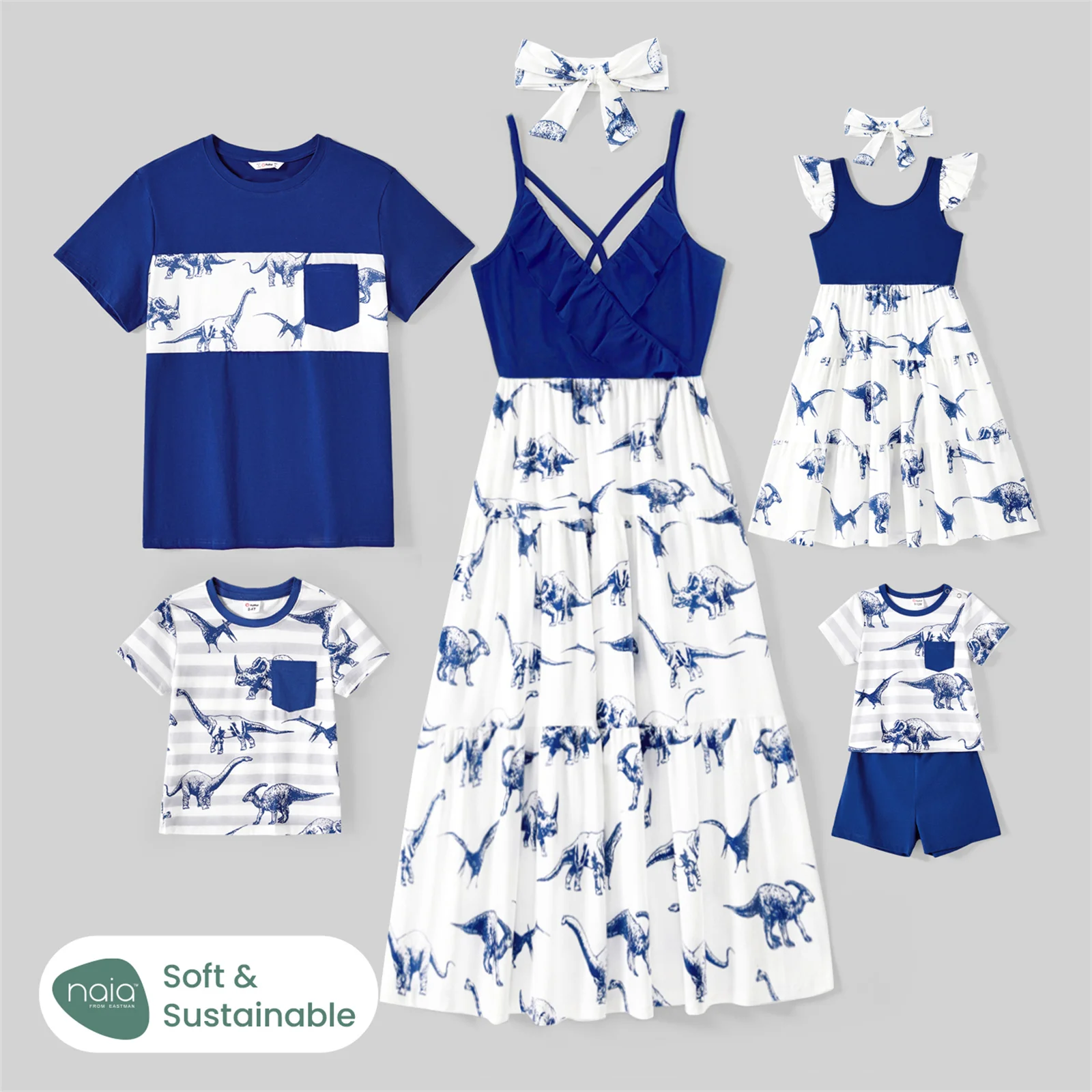 

PatPat Family Matching Outfits Cotton Short-sleeve T-shirts and Allover Dinosaur Print Spliced Family Looks Dresses