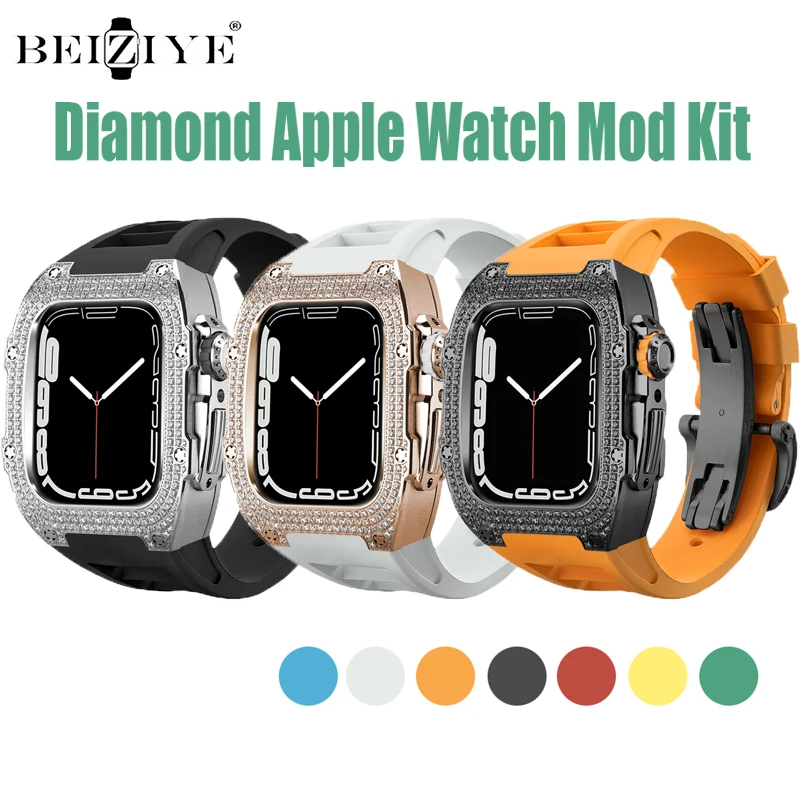 

Diamond Modification Mod Kit For Apple Watch Series 8 7 6 54 Stainless Steel Metal Case Silicone Strap Band For iWatch 45mm 44mm