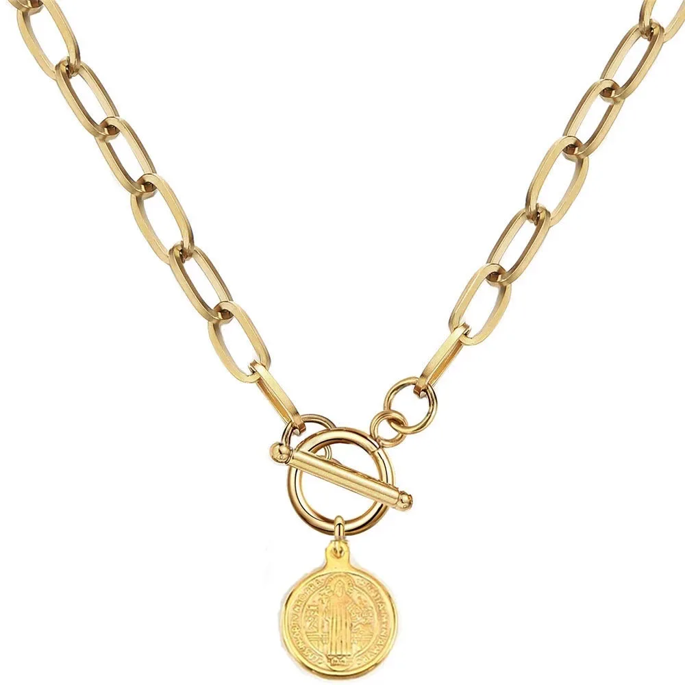 

Stainless Steel Catholic Saint Benedict Medallion Toggle Necklace For Women Gold Color Metal San Benito Medallion Toggle Choker