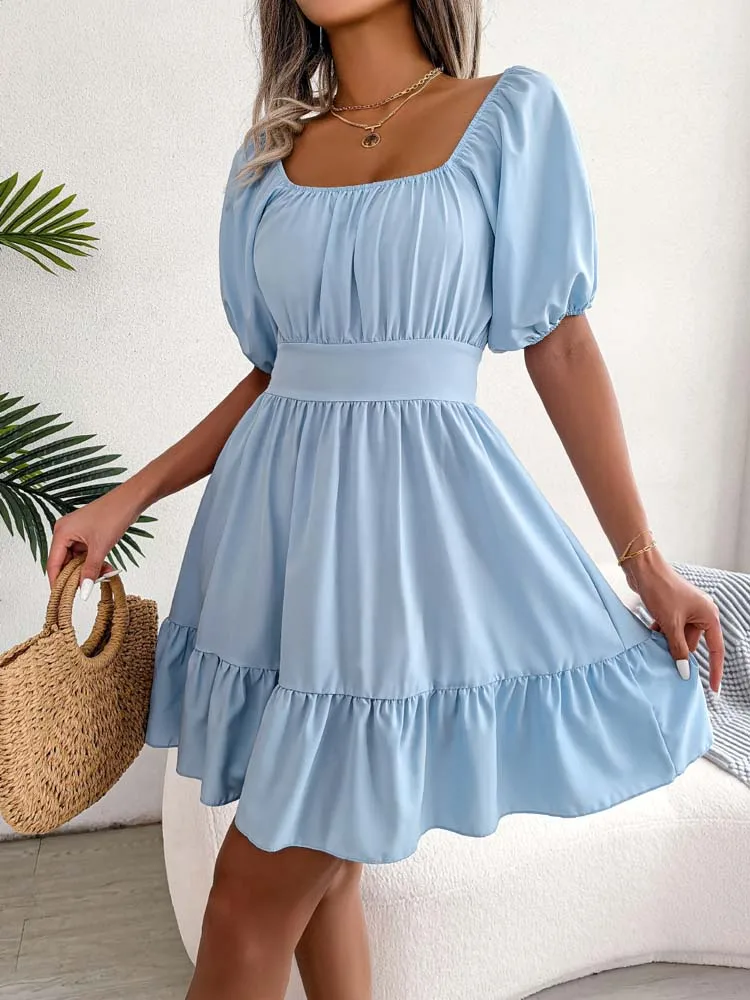 

Women Puff Sleeve Party Dress 2022 Summer Midi Square Neck Dress Ladies High Waist Bow A Line Dress For Women
