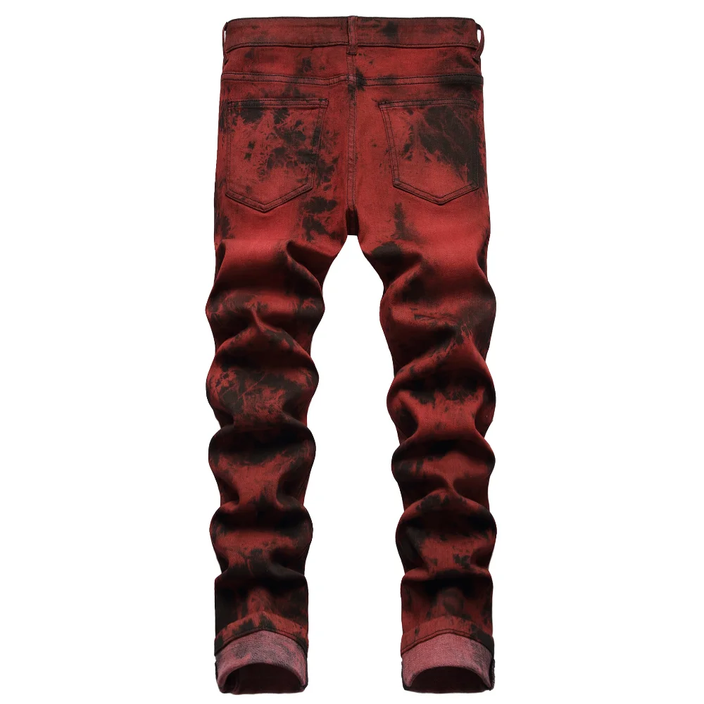 Elastic  Tie-dye Brick Red Streetwear Men Jeans Fashion Personalized Denim Pants Full Length Trousers Slim Male Jeans