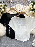 temperament woman beaded thin t shirts gentle womens summer square collar short sleeve slim fit white crop top trendy 2022 new