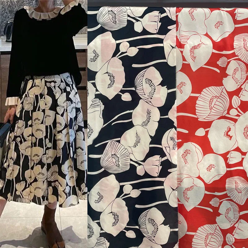 

Black/Red Poppy Flower Printed Natural Silk Double Crepe Fabric For Women Dress Blouse Pants Stoffa Tuch Ткань Tela Tessuto DIY