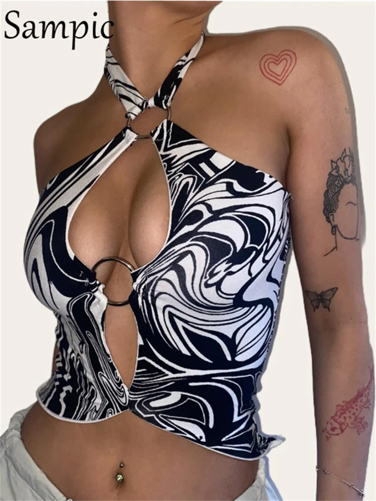 

Sampic Gothic Sexy Hollow Out Summer Club Black Tie Dye Tank Tops Women Vest Halter 2022 90s Aesthetic Y2K Crop Tops Backless