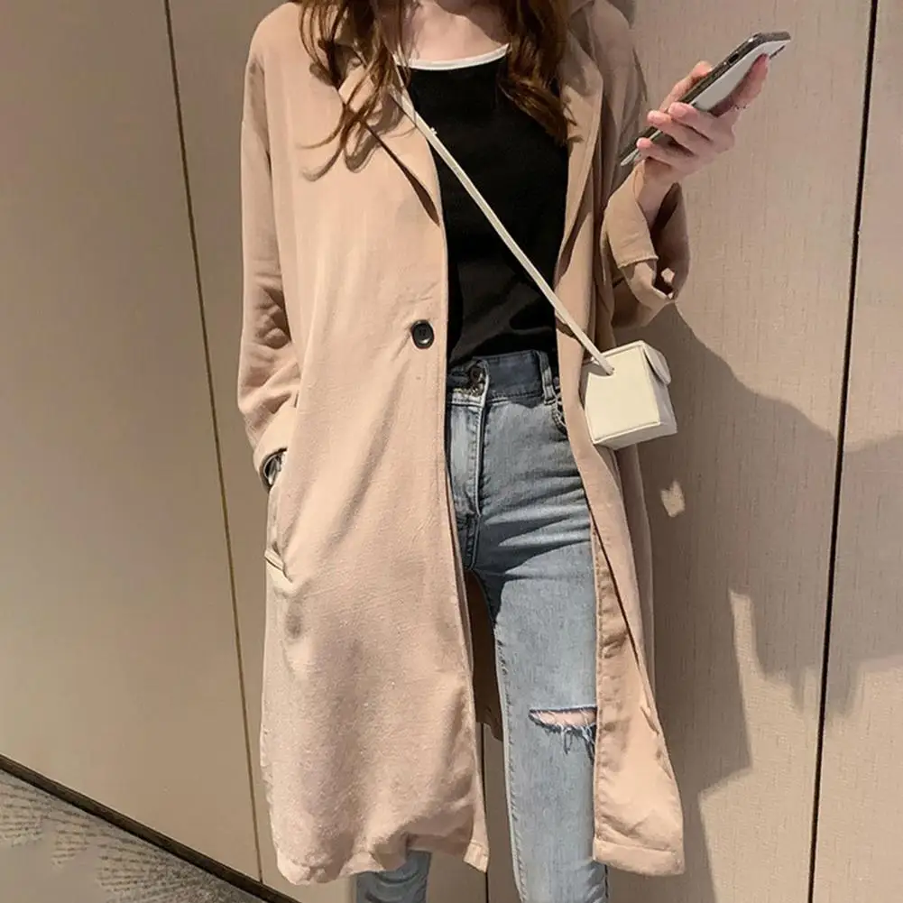 

Spring Autumn Women Lapel Mid-length Coat Long Sleeve Single-breasted Simple Retro Windbreaker Coat