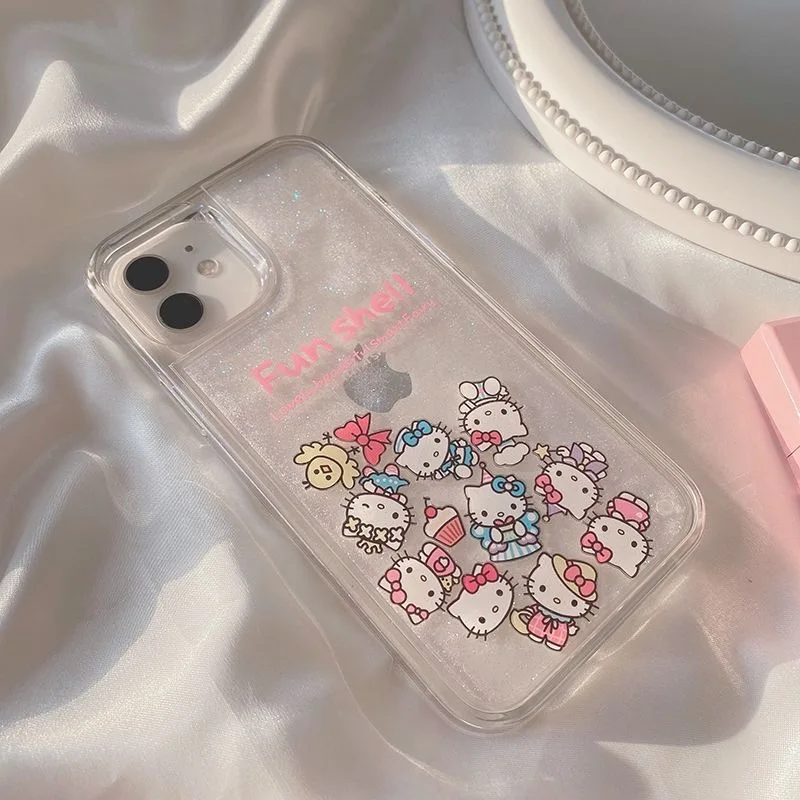 

Hello Kitty Cartoon Liquid Quicksand Cute Cat Soft Phone Cases For IPhone 13 12 11 Pro Max 7 8 Plus X XR Back Cover Shells