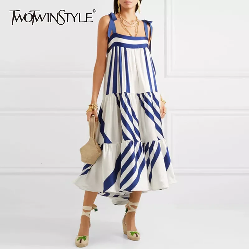 

TWOTWINSTYLE Striped Spaghetti Strap Dress 2022 Summer Clothes For Women Streetwear Boho Sleeveless A Line Elegant Long Dresses