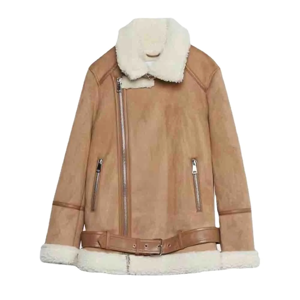 

Winter Woman Faux Suede Jacket Warm Long Sleeve Fleece Jackets Patchwork Lambswool Coat Casual Zipper Belt Outerwear