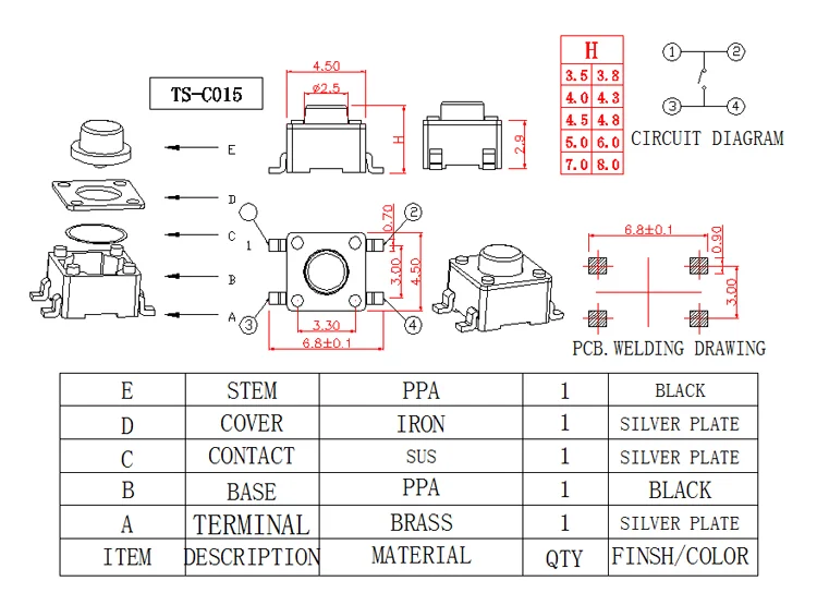Микро-переключатель 20 шт./партия 4 5*4 5*3 5/4 0/5 0/6 0/7 0 мм Ассорти кнопочный тактовый