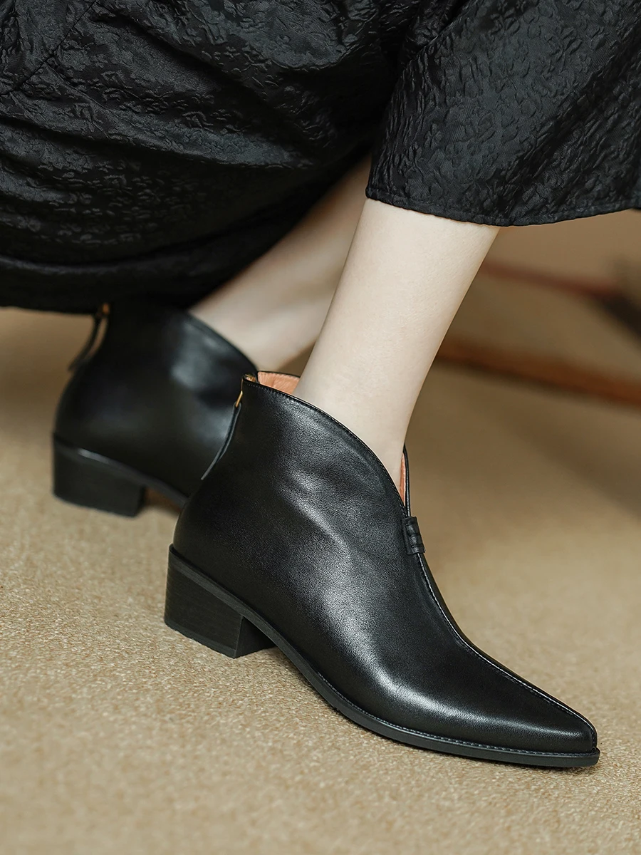 Женские ботильоны из натуральной кожи весенне-осенние ботинки с острым носком и