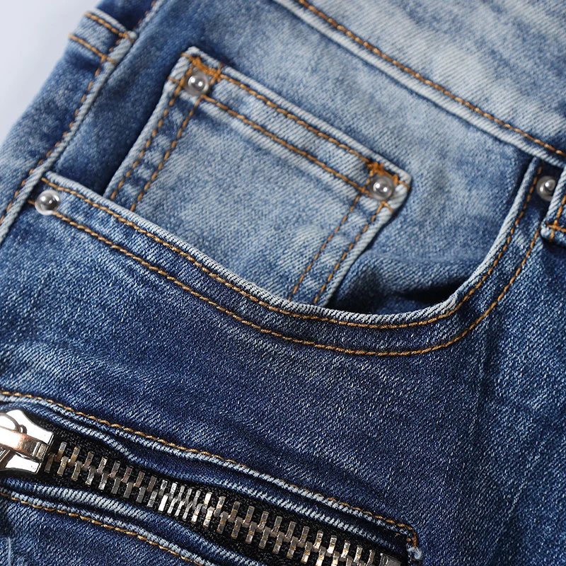 High Street Fashion Men Jeans Retro Blue Spliced Designer Skinny Ripped Biker Jeans Patchwork Designer Hip Hop Brand Pants Men