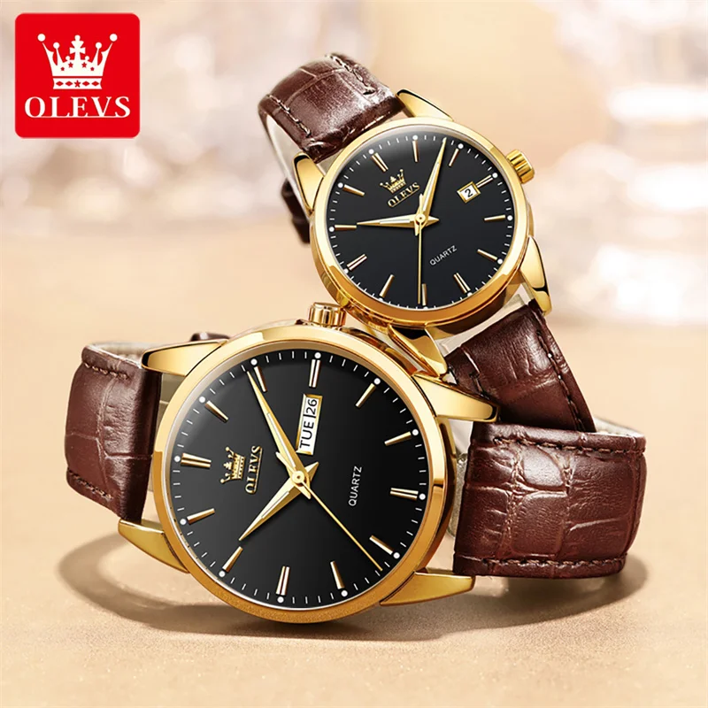 OLEVS Lovers Watches for Men and Women Fashion Leather Quartz Wristwatch Waterproof Date Simple Clock Couple Watch Gifts