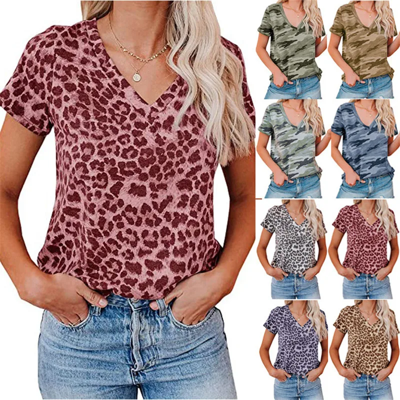 

Short Sleeve Camo Print Women Summer T-Shirts Casual Loose Sport Leopard Tops Fashion V-Neck Tee Female Street 3XL Pullover Top