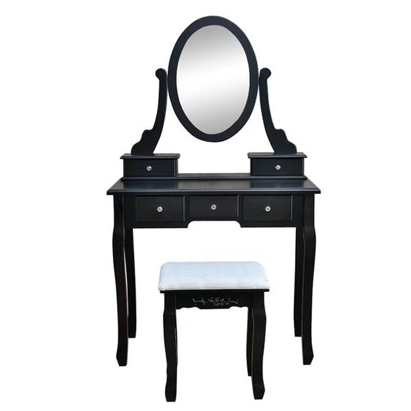 

360° Rotation Single Mirror 5 Drawers Dressing Table Black