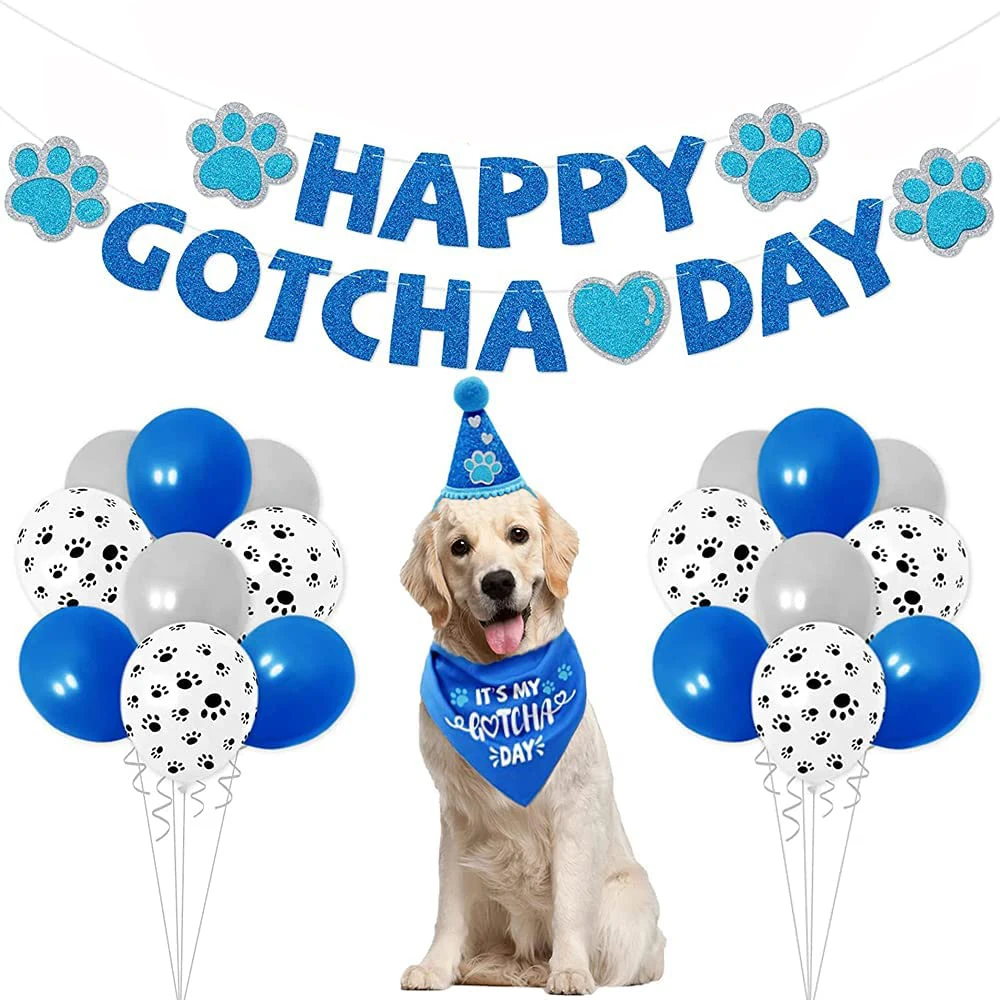 

Pet Adoption Party Decorations Kit Happy Gotcha Day Banner Latex Ballons Glitter Hat with Cute Paw Bandana Scarf for Dog Party