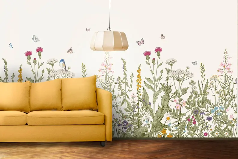 

Spring Flowers Wallpaper | Floral Self Adhesive Peel and Stick Wall Murals | Removable Wallpaper | Colorful Butterflies Design W