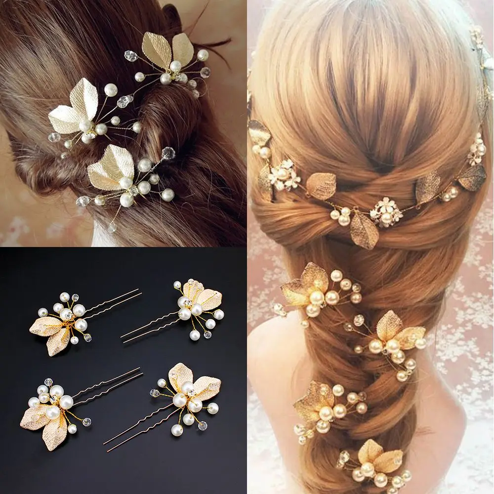 

Gold Silver Rhinestone Wedding Party Crystal Hairpins Hair Jewelry Pearl Leaf Hair Clips Bridal Hair Accessories