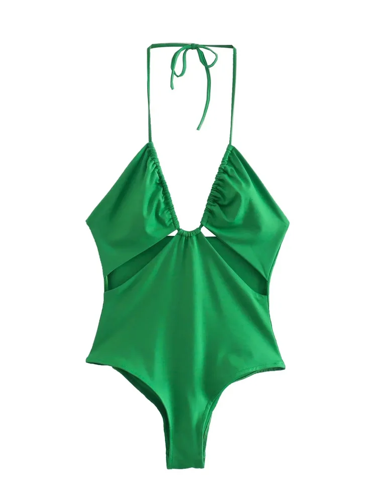 

Woman Sexy Green Slim Hollow Out Bodysuits 2022 Summer Chic Female Solid Halter Bodysuits Ladies Elegant V Neck Beach Bodysuit