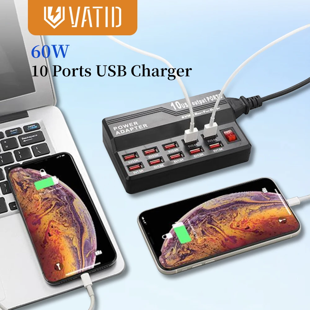 

Vatid 60W USB Charger 5V/12A 10-Ports Desktop Charging Station Portable Power Adapter for iPhone 13 12 Samsung Xiaomi Huawei