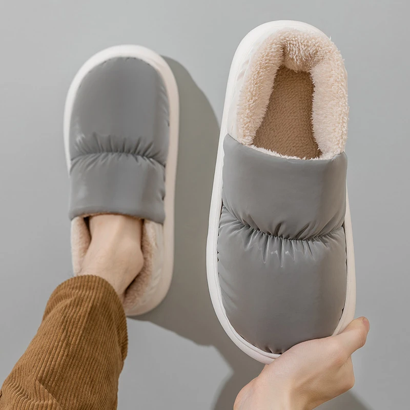 Unisex Winter Waterproof  Slippers Women Slides Outside Indoor Home Shoes Warm Plush Platform Cotton Shoes