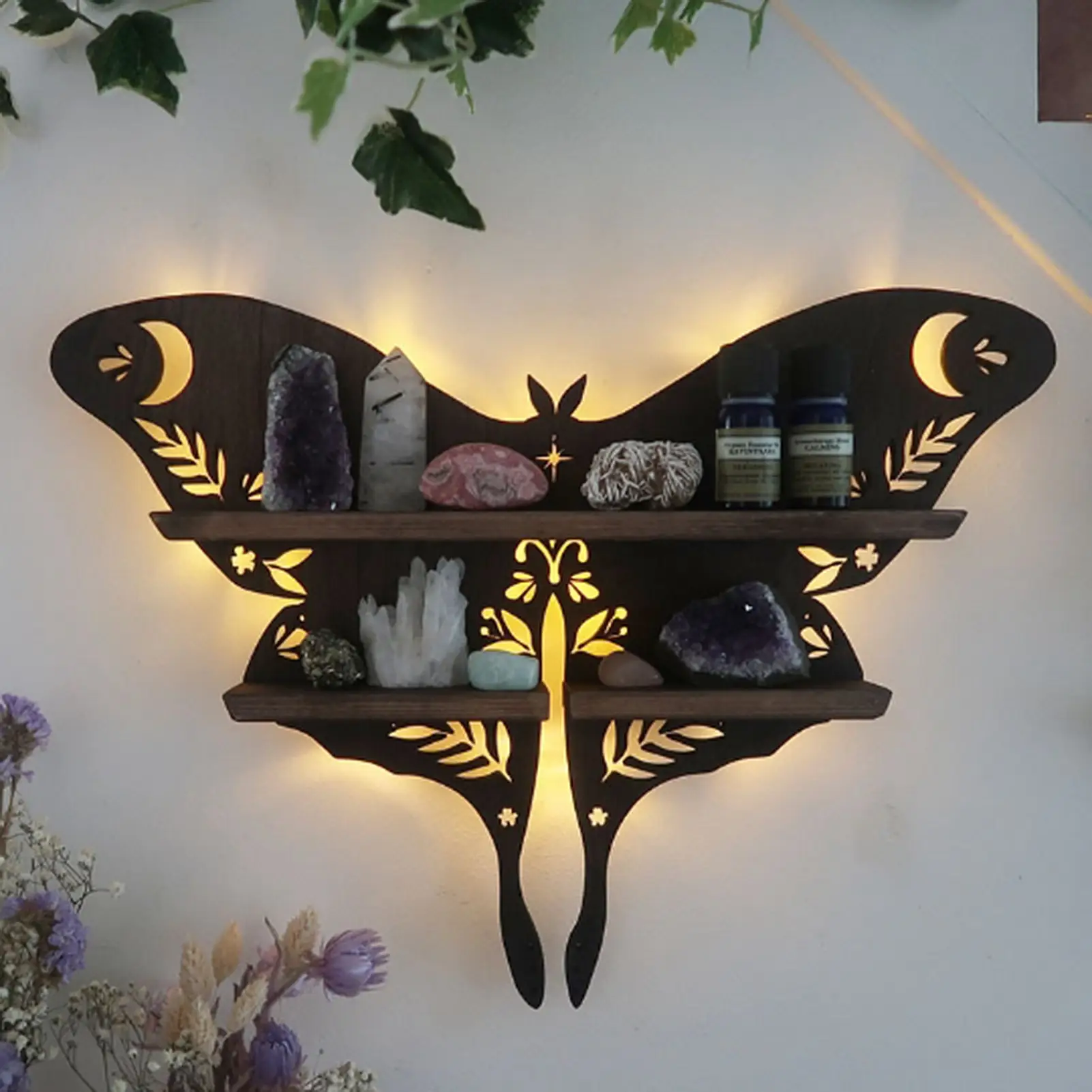 

New Butterfly Wooden Shelf Crystal Essential Oil Storage Rack Wall Display Decor Rack Wall Mount Living Room Bedroom Organizer