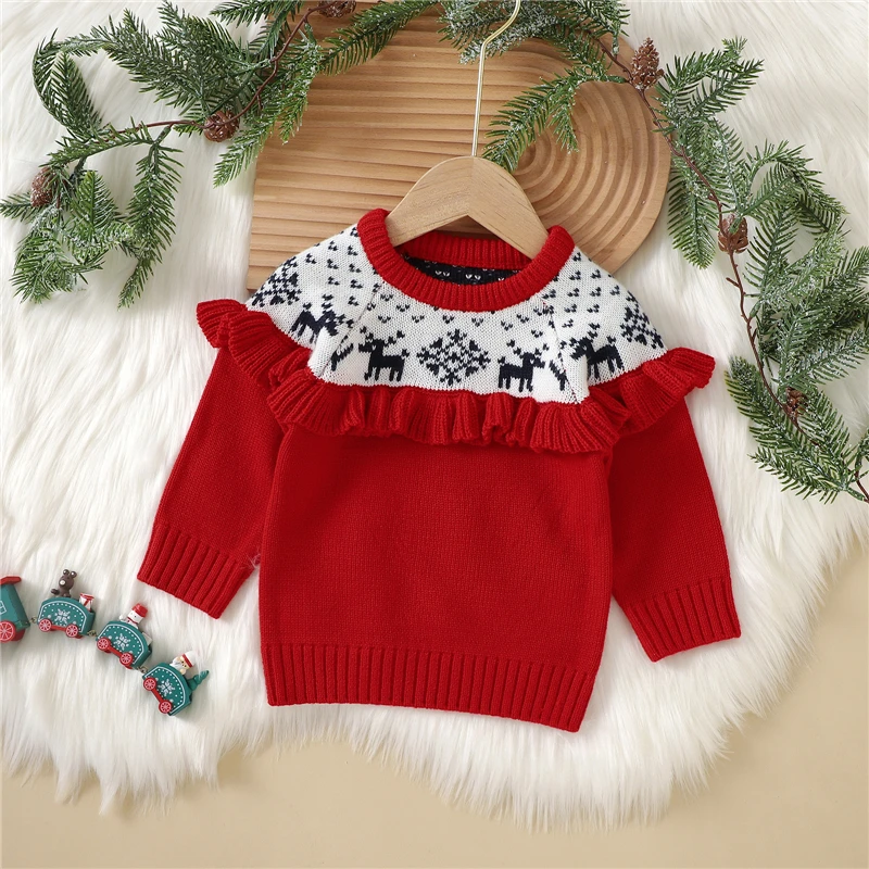 

Christmas Baby Girls Sweaters Long Sleeve Round Neck Ruffle Knit Pullover Tops Kid Autumn Winter Outfit Clothing