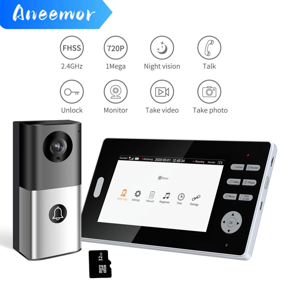 2.4GHz Wireless Video Door Phone Intercom Home Security System Visual Doorbell Camera with 7 Inch Monitor Access Control Unlock
