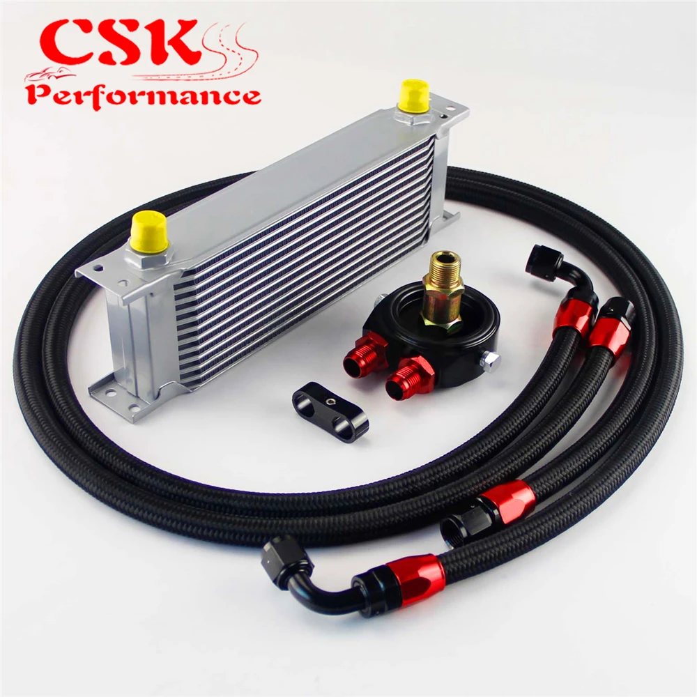 

AN8 13 Row 248mm Universal Engine Transmission Oil Cooler British Type + Aluminum Filter Hose End Kit Silver